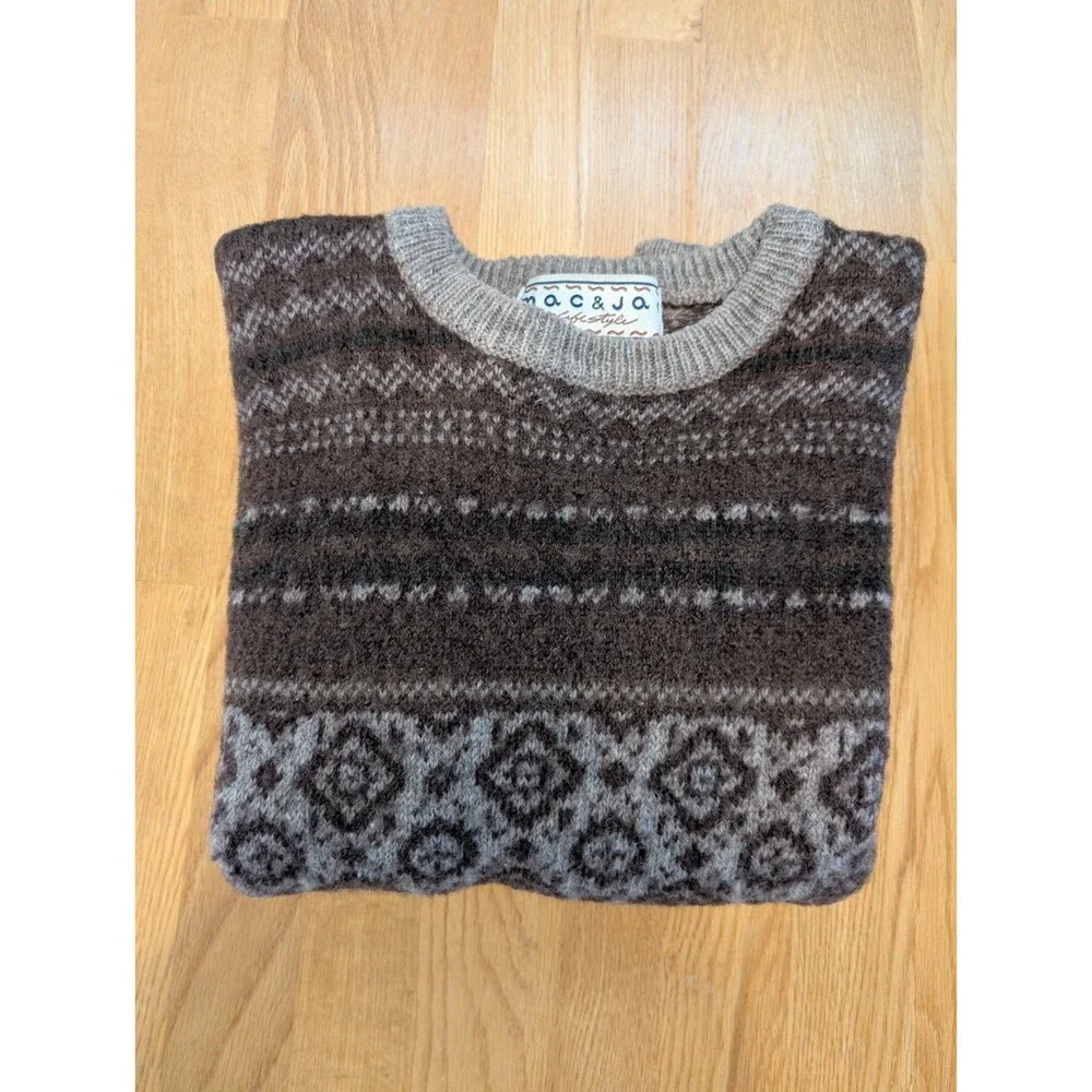 Fair Isle %100 Wool Sweater Brown Crew Neck Size M Mac & Jack Cute & Warm!!